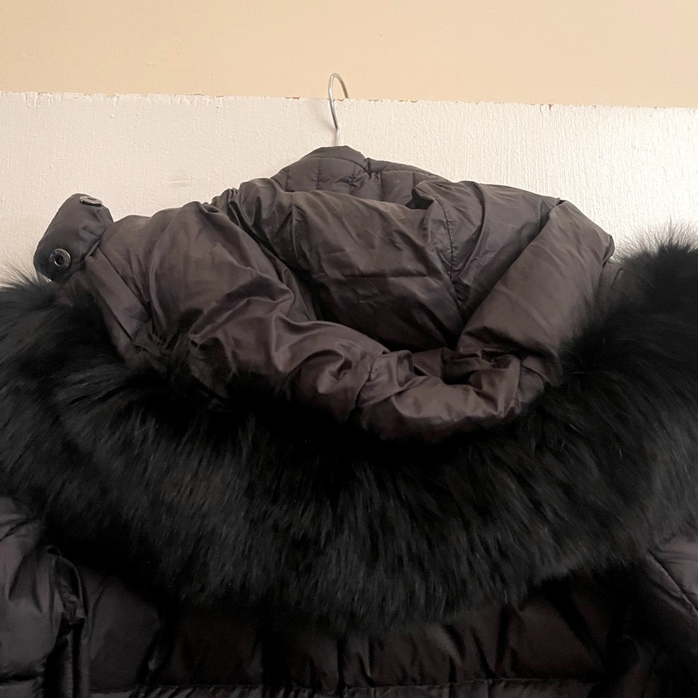 Snowman black down long puffer coat with real fur hood size Large - Picture 4 of 13